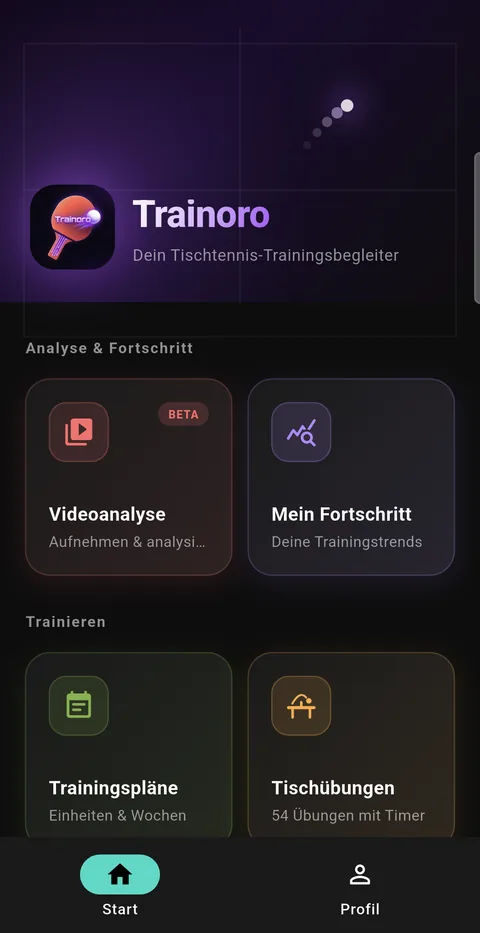Startseite mit Kacheln für Videoanalyse, Mein Fortschritt, Trainingspläne und Tischübungen.