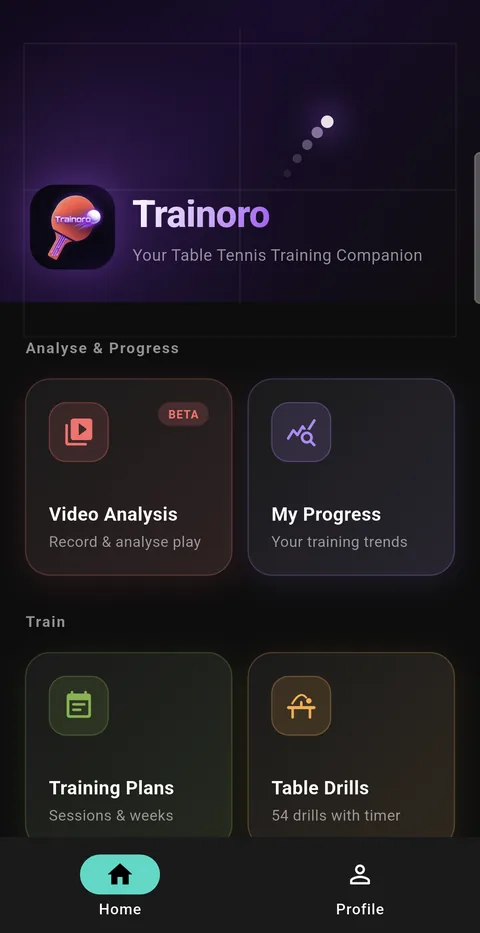Home screen with tiles for Video Analysis, My Progress, Training Plans and Table Drills.
